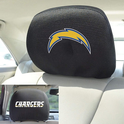 Los Angeles Chargers Pair of Premium Auto Headrest Covers, Black Elastic, Embroidered, 14x10 Inch