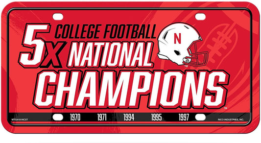 University of Nebraska Cornhuskers Metal Auto Tag License Plate, 5-Time Champions, 6x12 Inch