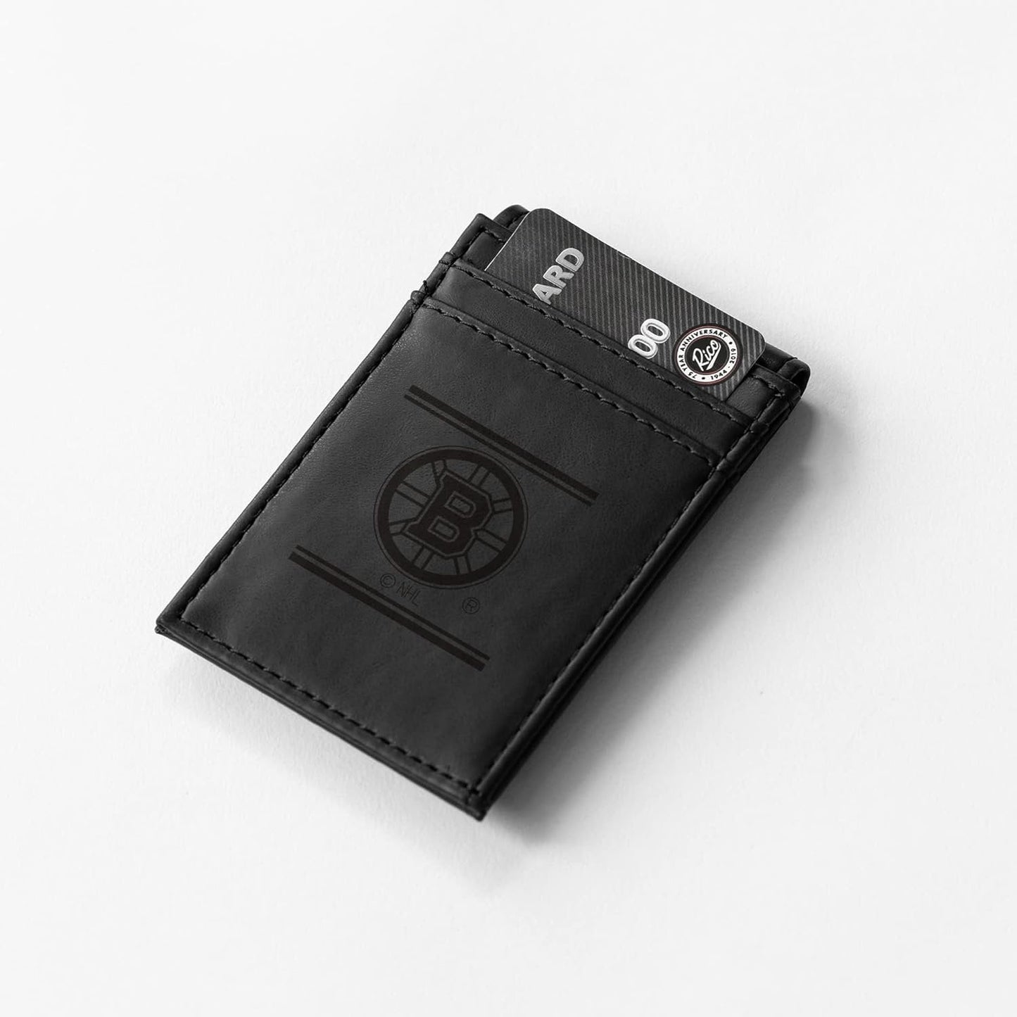 Boston Bruins Premium Black Leather Wallet, Front Pocket Magnetic Money Clip, Laser Engraved, Vegan