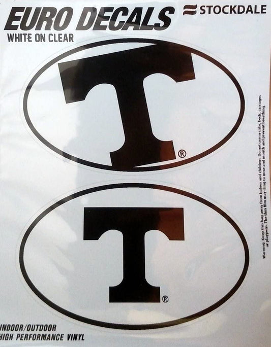 University of Tennessee Volunteers 2-Piece White and Clear Euro Decal Sticker Set, 4x2.5 Inch Each