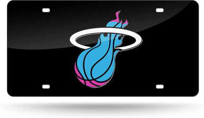 Miami Heat Premium Laser Cut Tag License Plate, City Lights, Black Mirrored Acrylic Inlaid, 12x6 Inch