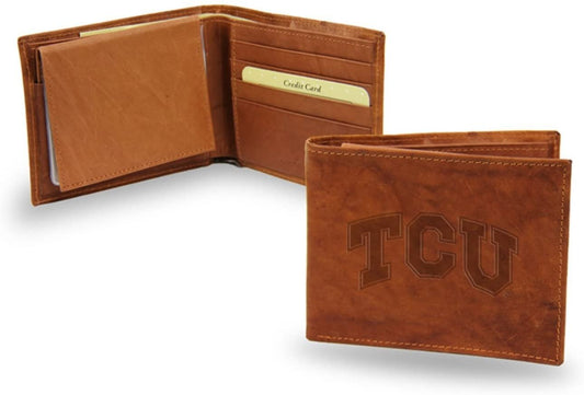 Texas Christian University Horned Frogs TCU Premium Brown Leather Wallet, Bifold Billfold, Embossed Laser Engraved