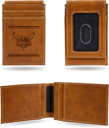 Rico Industries NBA Charlotte Hornets Premium Laser Engraved Vegan Brown Leather Front Pocket Wallet - Compact and Slim yet Sturdy Design - Perfect to Show Your Team Pride or Gift