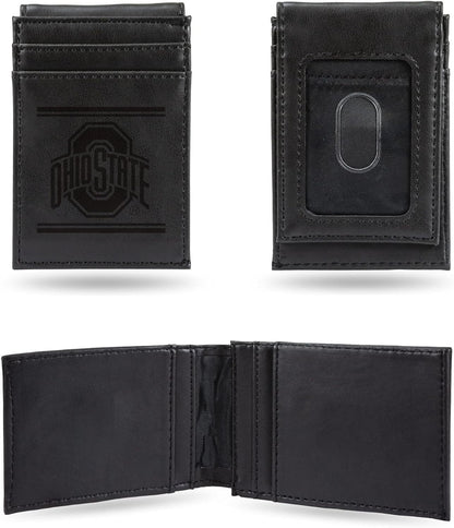 Ohio State University Buckeyes Premium Black Leather Wallet, Front Pocket Magnetic Money Clip, Laser Engraved, Vegan