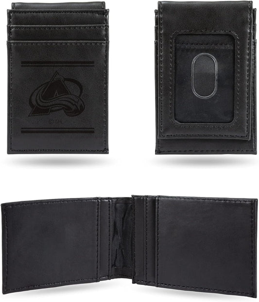 Colorado Avalanche Premium Black Leather Wallet, Front Pocket Magnetic Money Clip, Laser Engraved, Vegan