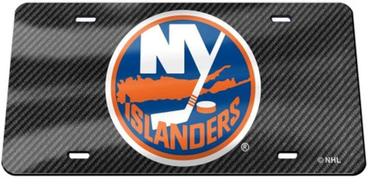 New York Islanders Premium Laser Tag License Plate, Carbon Fiber Design, Mirrored Acrylic, 12x6 Inch