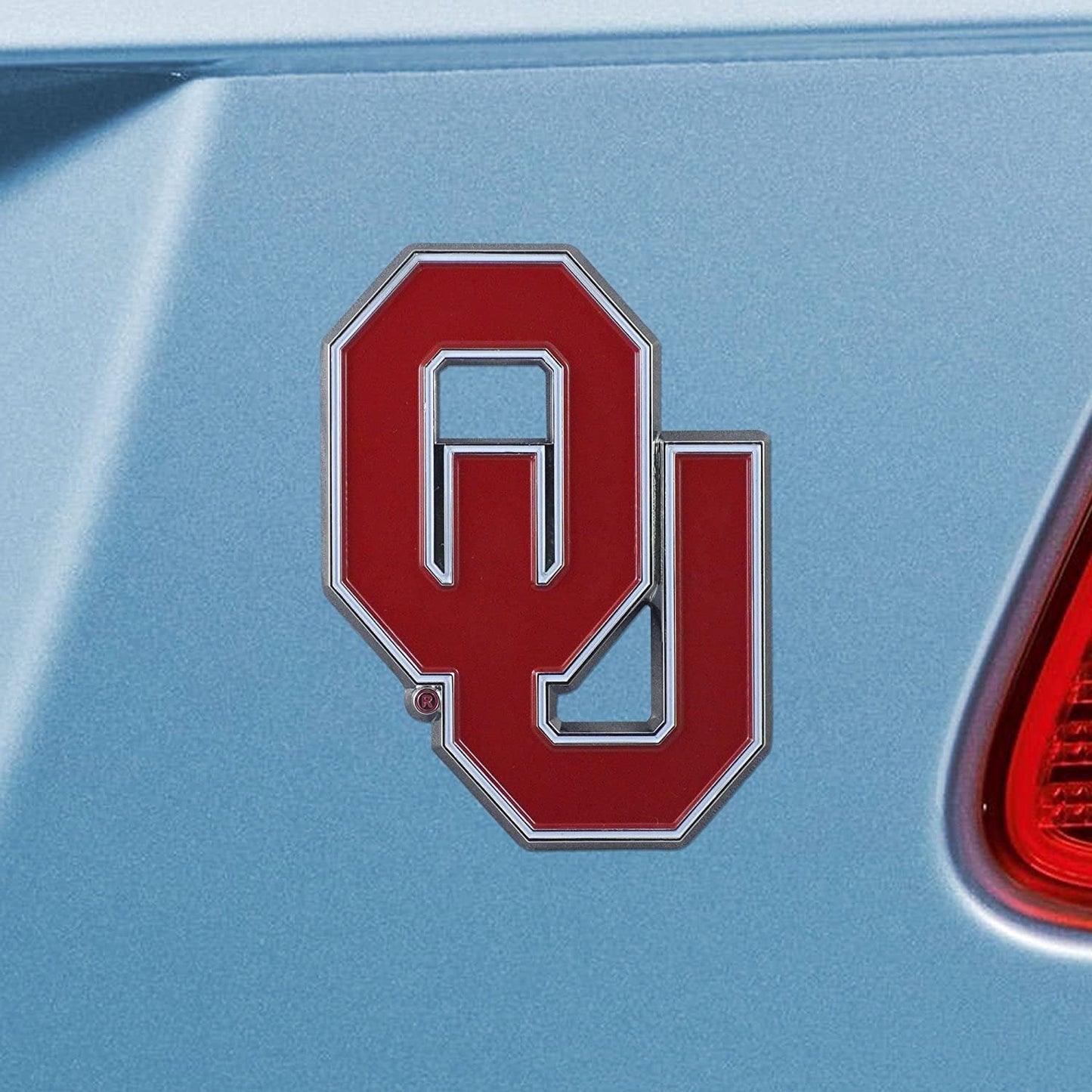 University of Oklahoma Sooners Premium Solid Metal Raised Auto Emblem, Team Color, Shape Cut, Adhesive Backing