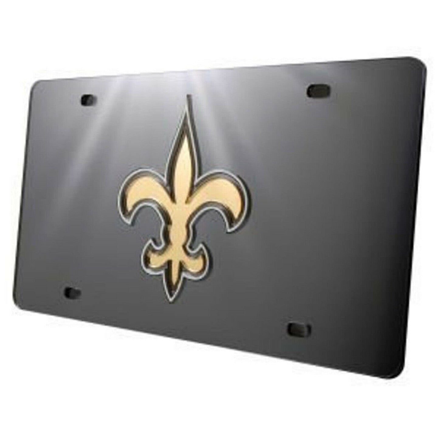 New Orleans Saints Premium Laser Cut Tag License Plate, Black Fleur De Lis, Mirrored Inlaid Acrylic, 12x6 Inch