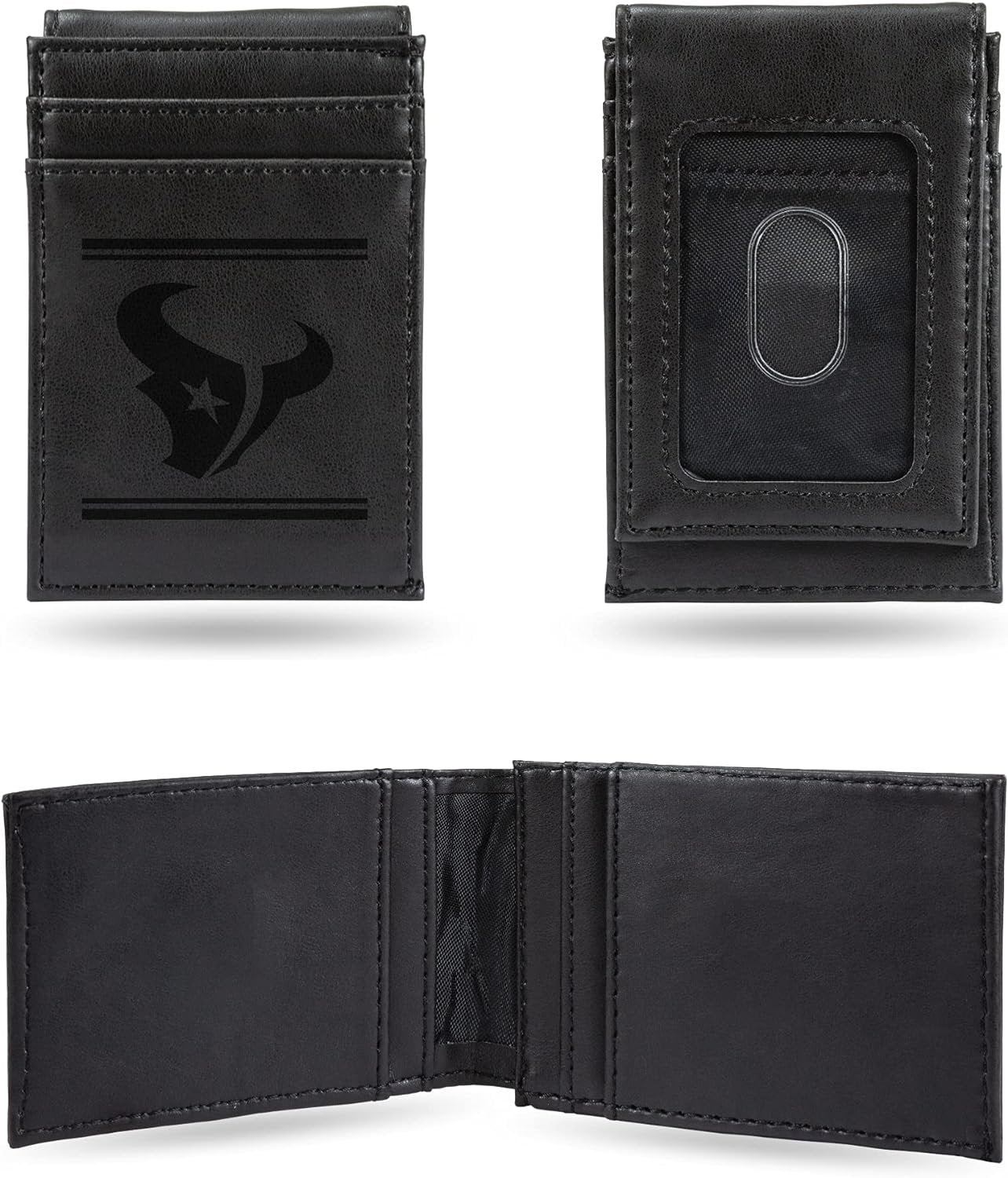 Houston Texans Premium Black Leather Wallet, Front Pocket Magnetic Money Clip, Laser Engraved, Vegan