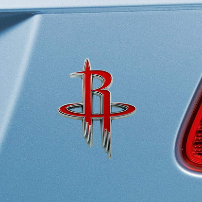 Houston Rockets Solid Metal Raised Auto Emblem, Team Color, Shape Cut, Adhesive Backing