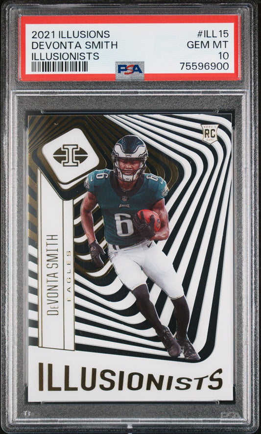 Graded 2021 Panini Illusions DeVonta Smith #ILL15 Illusionists Rookie RC Football Card PSA 10 Gem Mint