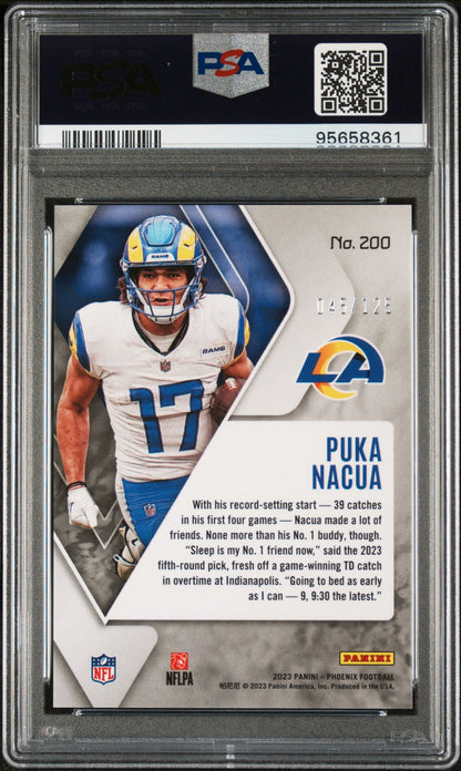 Graded 2023 Panini Phoenix Puka Nacua #200 Purple /125 Rookie RC Football Card PSA 10 Gem Mint